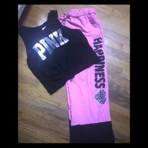 Pink L boyfriend sweats & black sequin tie tank L